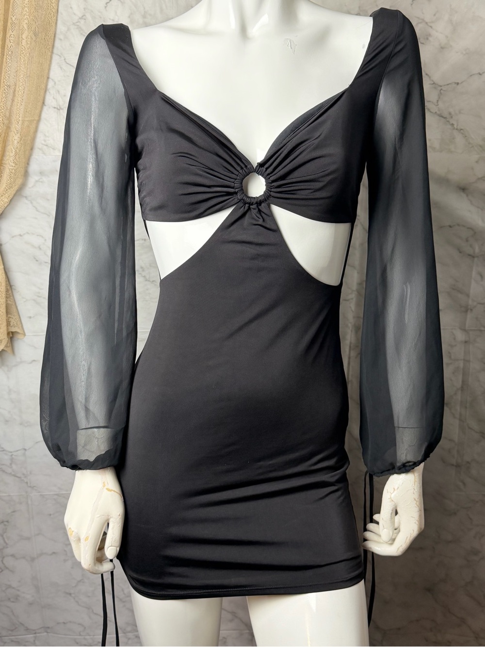 Lucy in the Sky Black O Ring Cutout Bodycon Mini Dress Size S Sheer Sleeve Hot